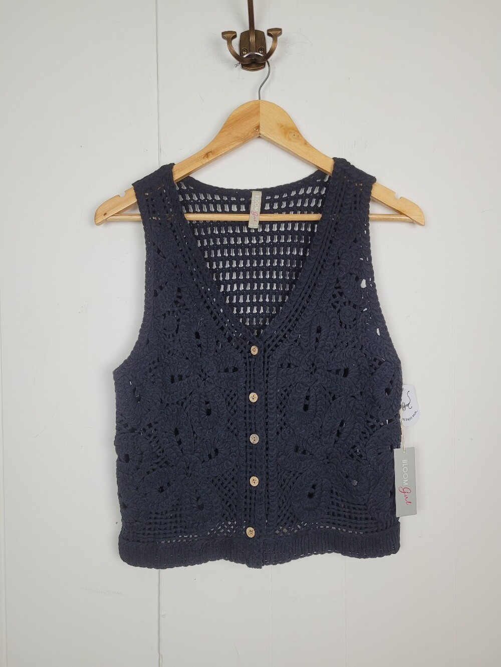Bloom Girl XS Black Crochet Knit Button Front Vest